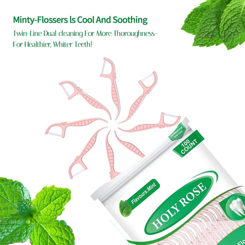Holy Rose Dual-Line Dental Floss Picks, Pink Flossers 300 Count, Mint Flavored for Oral Cleaning & Fresh Breath