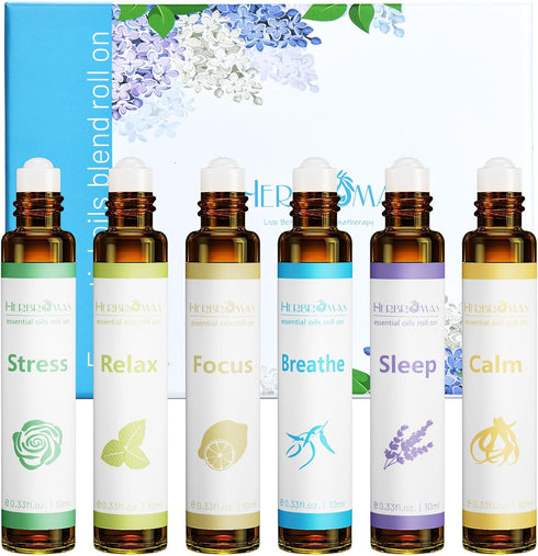 Set, Pack 6 x10ml Aromatherapy Essential Oils Roll On Natural Pre-diluted Blend Oils for Skin Use, Relaxation Gift