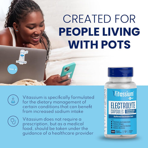 Vitassium Electrolyte Capsules, Electrolytes for Dietary Management of POTS Syndrome Symptoms (500mg Sodium - 100mg Potassium), Unflavored, 100 Buffered Salt Pills