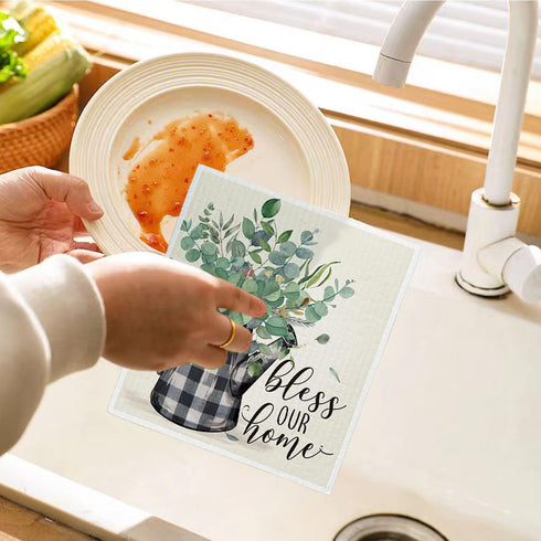 LARTSFRO 4 Pack Bless This Home Swedish Dishcloths for Kitchen, Home Sweet Home, Swedish Dish Cloths for Home, Papaya