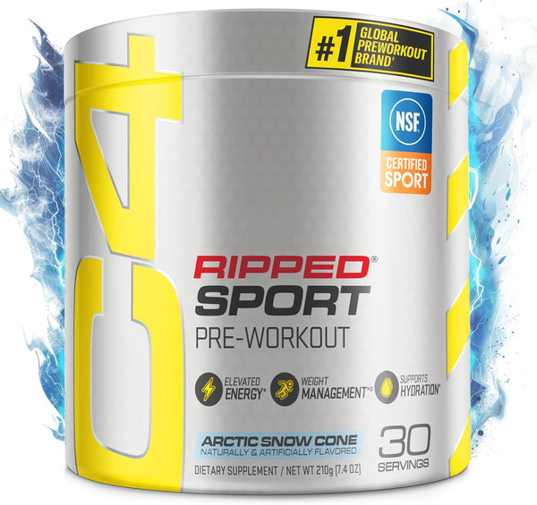 C4 Ripped Sport Pre Workout Powder Arctic Snow Cone - Sugar Free Energy Supplement for Men & Women, 30 Servings, 135mg