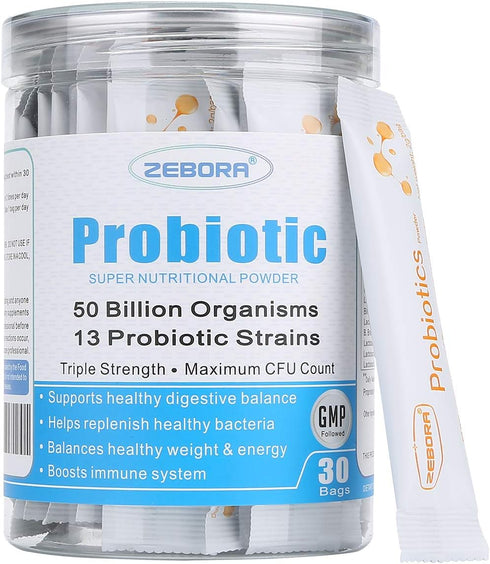 ZEBORA Probiotics Powder for Women, Men, and Kids - 30 Packets for Digestive and Immune Gut Health Support
