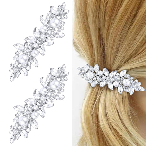 WHAVEL 2PCS Pearl Hair Barrettes, Rhinestone French Barrette Hair Clips, Decorative Hair Accessories for Women