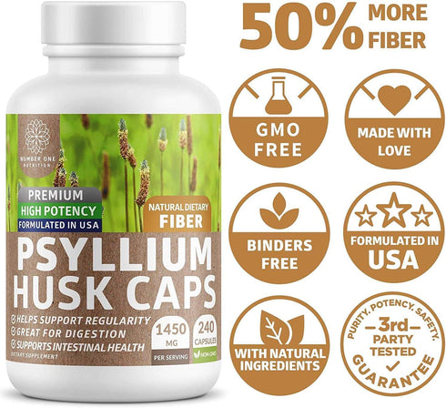 N1N Premium Psyllium Husk Capsules - All Natural 1450 MG Soluble Fiber Supplement, 240 Caps
