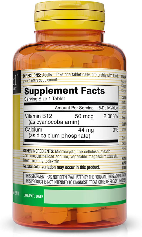 MASON NATURAL Vitamin B12 50 mcg with Calcium - Healthy Conversion of Food into Energy, Supports Nerve Function and Health, 100 Tablets