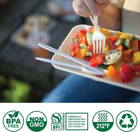 100% Compostable Heavyweight Utensils - No Plastic Knives, Forks, Spoons, Eco-Friendly Flatware for Parties, Weddings