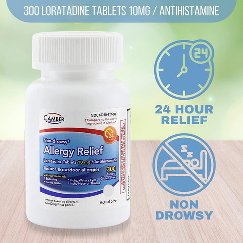 Camber Consumer Care Loratadine 10mg Allergy Pills, Non-Drowsy Antihistamine for 24 Hour Allergy Relief (300 Tablets)