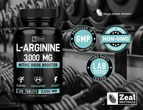 Zeal Naturals L Arginine 3000mg Capsules, 150 Tablets, Nitric Oxide Supplement for Muscle Growth