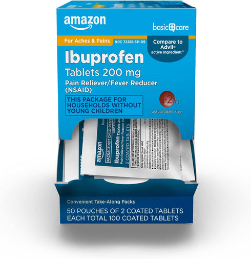 Ibuprofen Tablets 200 mg by Amazon Basic Care – Pain Reliever & Fever Reducer for Headache, 100 Count (Pack of 1)