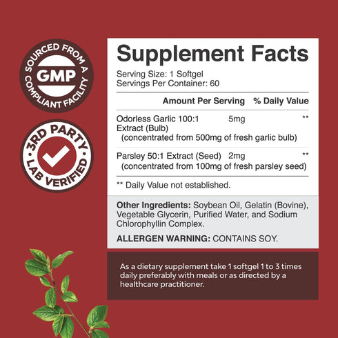 Super Concentrated Odorless Garlic Supplement - No Smell Easy to Swallow Antioxidant Garlic Pills for Immune Support and Heart Health - Odorless Garlic Softgels with Parsley Non GMO and Gluten Free