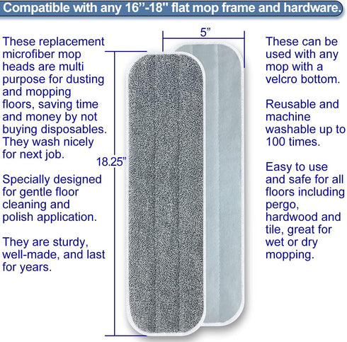 Microfiber Mop Replacement Pads 18 Inch Compatible with Bona Floor Care System, 5 Pack Reusable Wet Dry Floor Cleaning and Scurbbing Mop Refill Fits 16” to 18” Flat Reveal Mop Heads