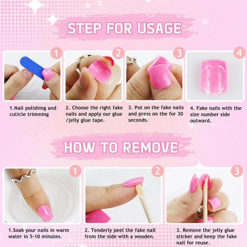 Short Square Press on Nails - Pink Fake Nails with French Tips, Rainbow Colorful Flower Heart Lattice Pattern, Summer