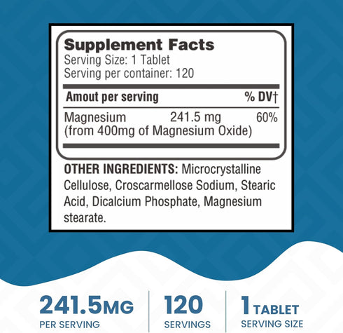 Magnesium 400mg High Potency Supplement, Immune Support, Muscle Recovery, 120 Tablets, USA MADE