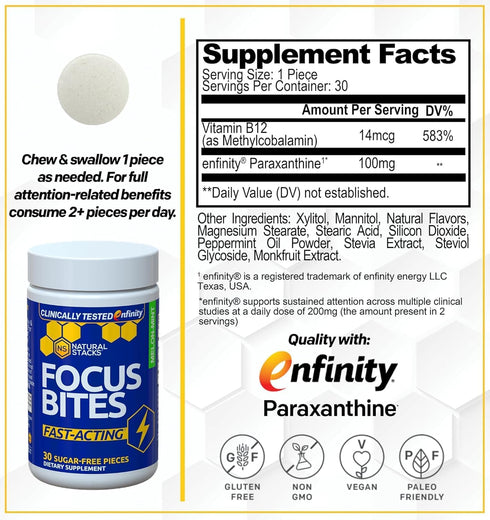 NATURAL STACKS Focus Bites for Productivity & Cognition | Clinically Tested Paraxanthine Supplement | 30 Melon Mint