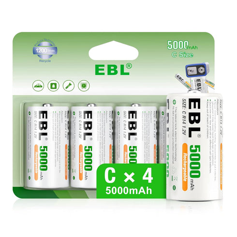 EBL Rechargeable C Batteries, 5000mAh Ni-MH High Capacity C Cell Battery, Pack of 4