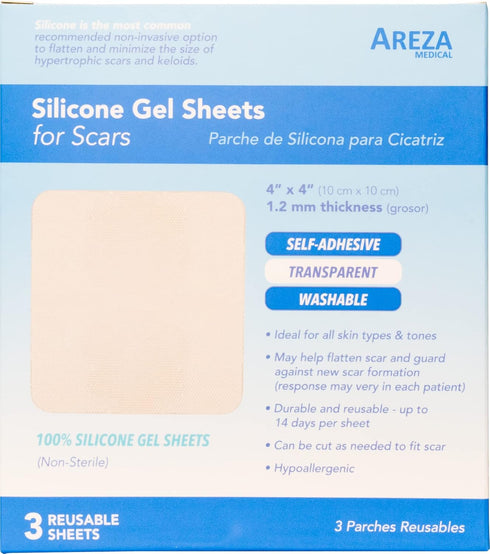 Silicone Gel Sheets for Scars, 4" x 4", Three Sheets Per Box by Areza Medical