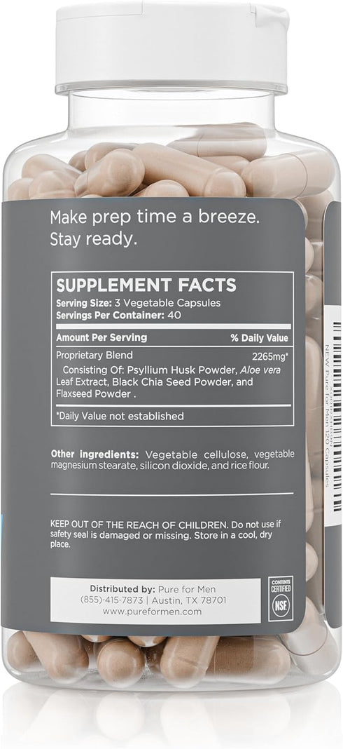Pure for Men Original Vegan Cleanliness Fiber Supplement | Promotes Digestive Regularity | 120 Vegan Capsules