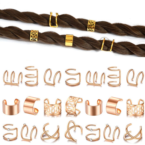 Rose Gold Hair Braids Dreadlock, 24 Pcs Non-Piercing Ear Clip Beard Beads for Women Men