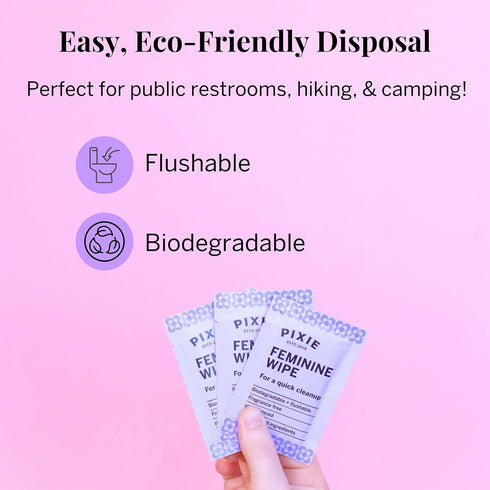 Packet (2 Packs 20) Pixie Feminine Wipes - Flushable, Biodegradable, & Ph Balanced - Individually Wrapped Wipes for On