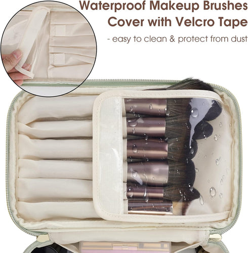 Wandering Nature Makeup Bag, Travel Make Up Organizer Cosmetic Brush Bags Case for Women in Eco Vegan Leather, Green(Patent Pending)