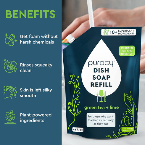 Puracy Natural Dish Soap Refill, Clean-Rinsing Water-Sheeting Formula, Plant-Based Liquid, Green Tea and Lime, 48 Oz