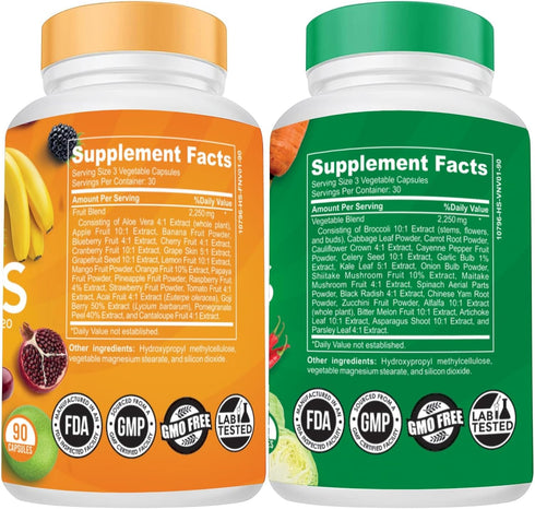 Fruits and Veggie Supplements - 90 Fruits, 90 Veggies Capsules to Boost Energy Level, Whole Food from Super Foods -