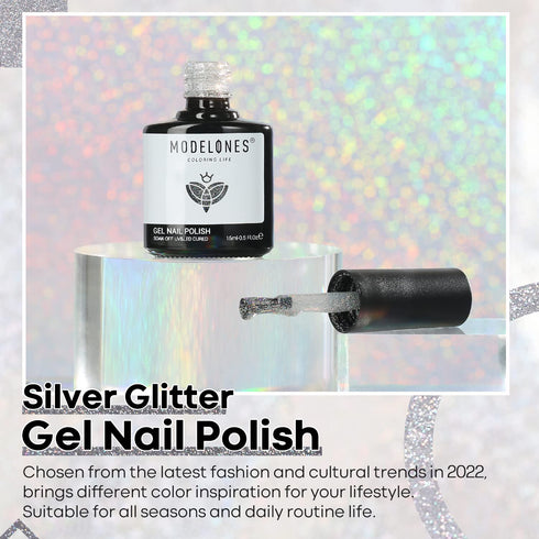 modelones Sparkle Silver Glitter Gel Nail Polish Set, 15 ML Soak Off Chrome Platinum for DIY Manicure Nail Art Gift