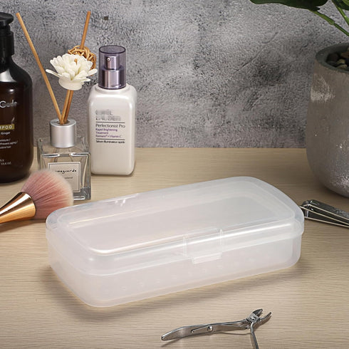 JUXYES Plastic Sterilizing Tray for Nail Art Tools, Portable Sterilizer with Strainer, Clear Storage Box Organizer
