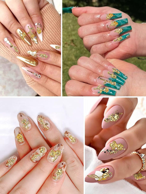 TOROKOM 120 PCS 3D Gold Rose Nail Art Charms - Romantic Flowers Nails Decorations Alloy Nail Charms for Girls Women DIY