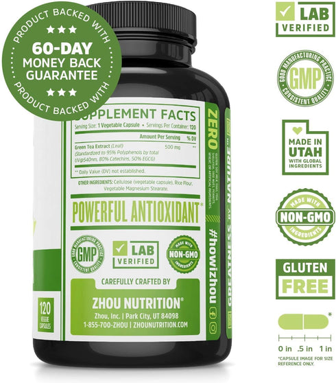 Immune 120 Zhou Green Tea Extract Capsules with EGCG, Natural Energy, Mental Focus, Health, Antioxidant and Heart