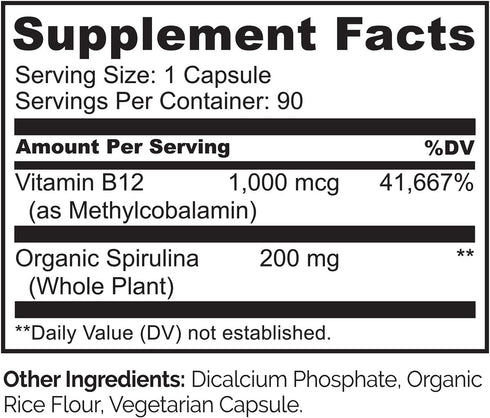 NATURELO Vegan B12 - High Potency Methyl B12 1000 mcg with Organic Spirulina - Supports Mood, Energy, Heart & Eye