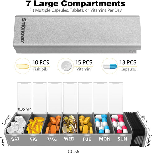 Shfonovax 7 Weekly Metal Pill Organizer, Large Capacity Day Travel Pill Organizer, Easy Open Secure Pill Box for Adults