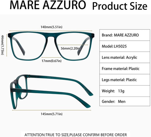 MARE AZZURO 3.5 Reading Glasses for Men, Fashion Reader Eyeglasses, Lightweight Adult Filter Glare 3.50