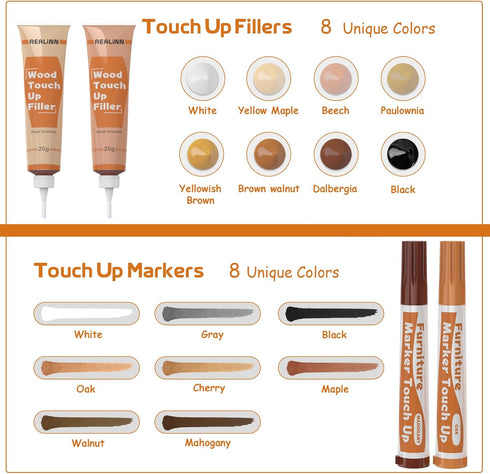 REALINN Wood Furniture Repair Kit 8 Light Colors - Fillers and Touch Up Markers for Wooden Surfaces