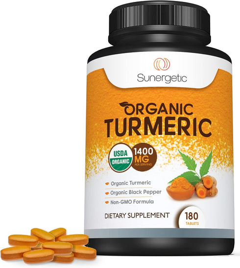 Sunergetic USDA Certified Organic Turmeric Supplement – 1,400mg of Turmeric per Serving with Organic Black Pepper - 180