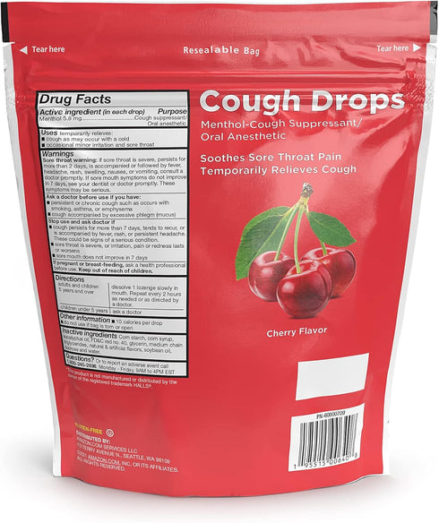 Lozenges 160 Count Amazon Basic Care Cherry Menthol Cough Drops for Sore Throat Relief, Soothing in Resealable Bag