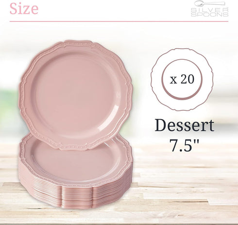SILVER SPOONS 20 PC Heavy Duty Disposable Dinner Set, Vintage Embossed Plastic Dessert Plates for Party, 7.5" Fine China