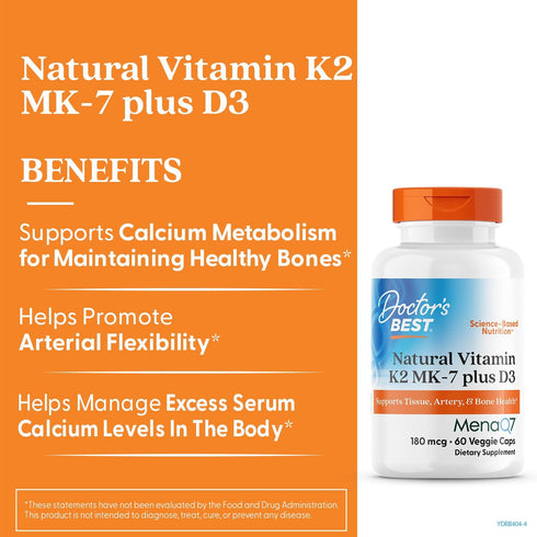 K2 MK-7 D3 D3 K2 MK7 60 Doctor's Best Natural Vitamin Plus - VIT and Supplement for Men & Women, Supports Tissue