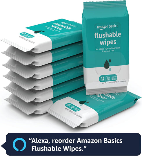 Amazon Basics Flushable Adult Toilet Wipes, Fragrance Free, 336 Count (8 Packs of 42) - Previously Solimo