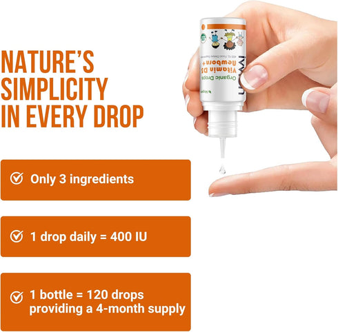 ivvion 400IU, D3, 120 Organic Vegan Vitamin Drops Baby Drop for Infants & Toddlers | USDA Organic, Non-GMO