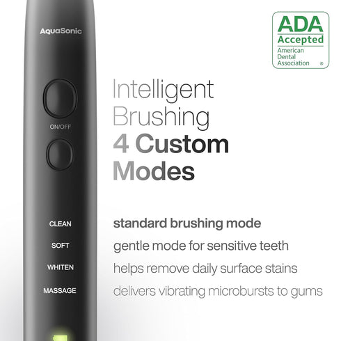 Aquasonic Black Series Ultra Whitening Toothbrush - ADA Accepted Electric Toothbrush with 8 Brush Heads & Travel Case