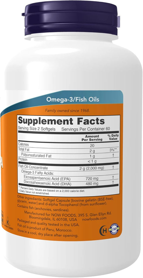 NOW Foods Super Omega EPA, 360 EPA / 240 DHA, Molecularly Distilled, Cardiovascular Support*, 120 Softgels
