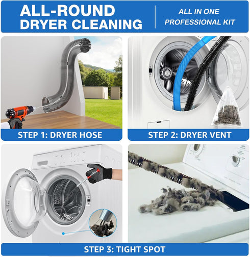 Dryer Vent Cleaner Kit, 17-Piece All-Round Cleaning Kit with 60 Feet Brush, Vacuum Cleaner Hose Attachment, Lint Trap