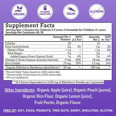 Llama Naturals Elderberry Gummies for Kids, Organic Vegan Immune Support Supplement, 60 Ct, Chewable, No Added Sugar