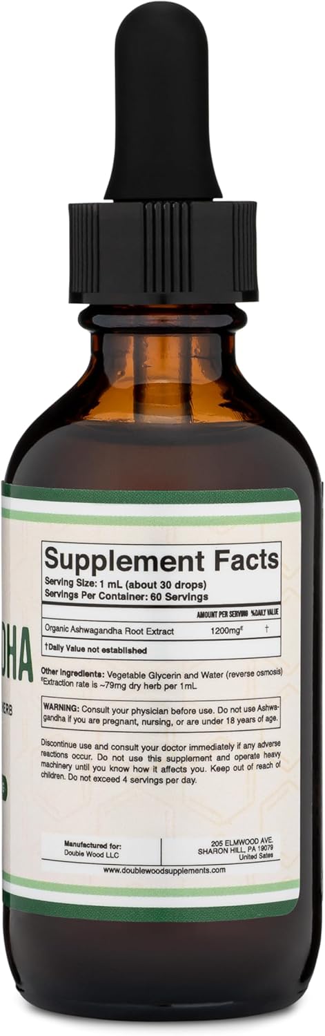 Double Wood Ashwagandha Organic Drops for Stress Relief (1,200mg, 60 Servings) - Adrenal Support, Cortisol Manager
