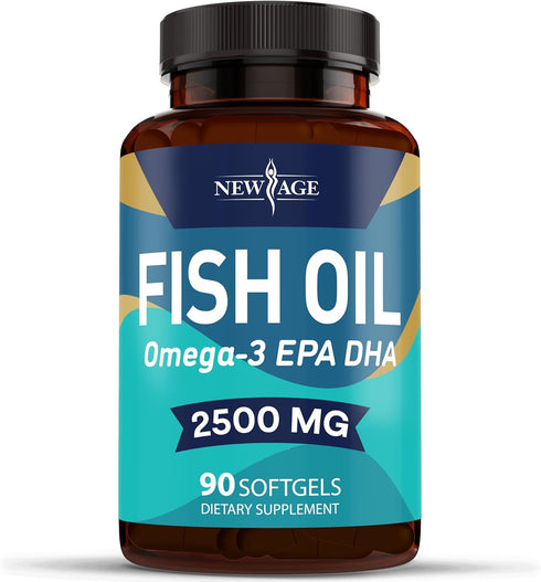 NEW AGE Omega 3 Fish Oil 2500mg Supplement - Non GMO, EPA, DHA Fatty Acids, Gluten Free (180 Softgels)