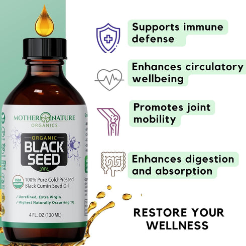 Mother Nature USDA Organic Black Seed Oil, Cold Pressed, 4oz for Immune and Joint Support