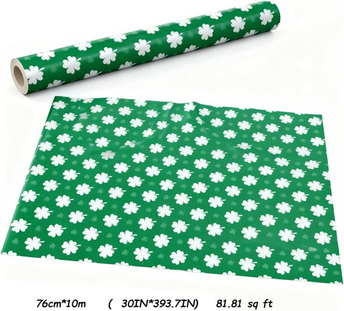 ZRLABL 30x394 Inches, St. Patrick's Day Wrapping Paper Roll, Green and White Clover Pattern, Premium Paper, Reversible