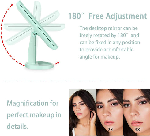 Tri-fold Lighted Vanity Makeup Mirror, 21 LEDs, 3x/2x Magnification, Touch Screen, 180 Degree Free Rotation - Green