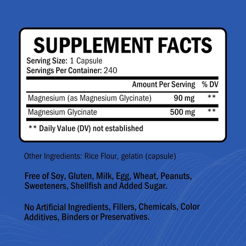 Magnesium Glycinate 500mg Capsules - High Absorption Magnesium Supplement for Stress Relief, Sleep, Heart Health, Bones and Nerve Support - Gluten Free, Non-GMO, Gentle on The Stomach, 240 Count